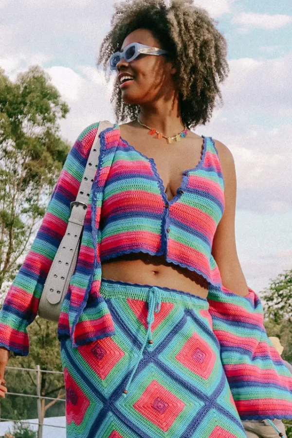 Multi Stripe Audrey Crochet Cropped Top Clearance