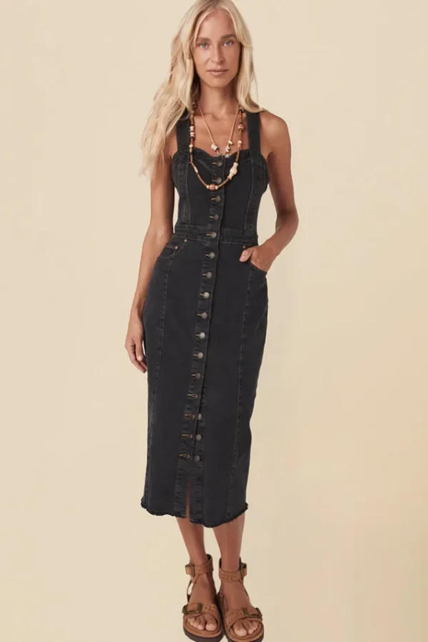 Vintage Black Eve Denim Sweetheart Midi Dress Fashion