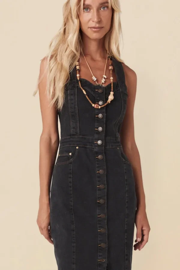 Vintage Black Eve Denim Sweetheart Midi Dress Fashion