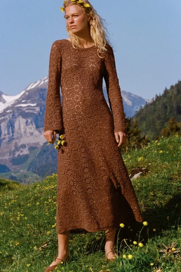 Chocolate Helena Crochet Lace Gown Outlet