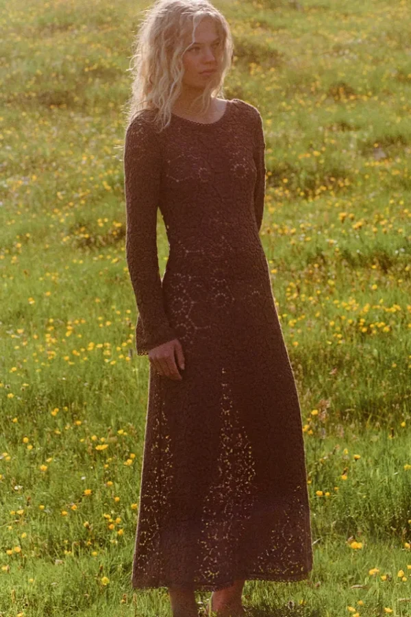 Chocolate Helena Crochet Lace Gown Outlet