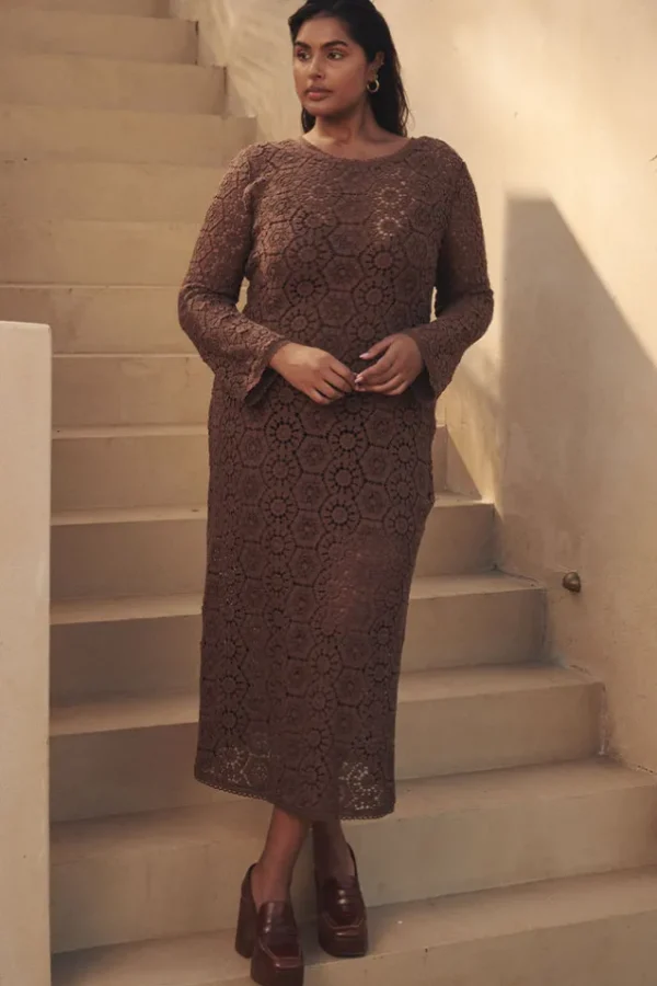 Chocolate Helena Crochet Lace Gown Outlet