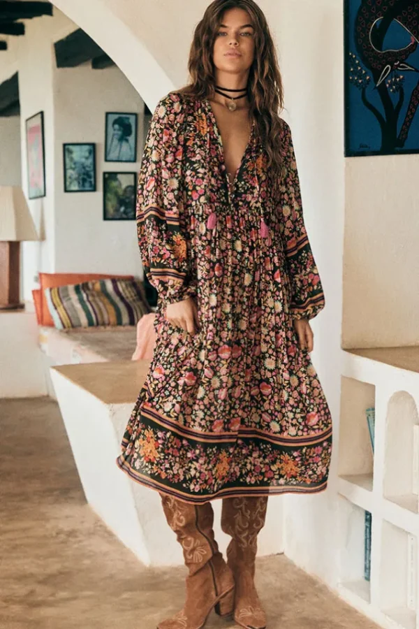 Night Blossom Impala Lily Boho Midi Dress Store