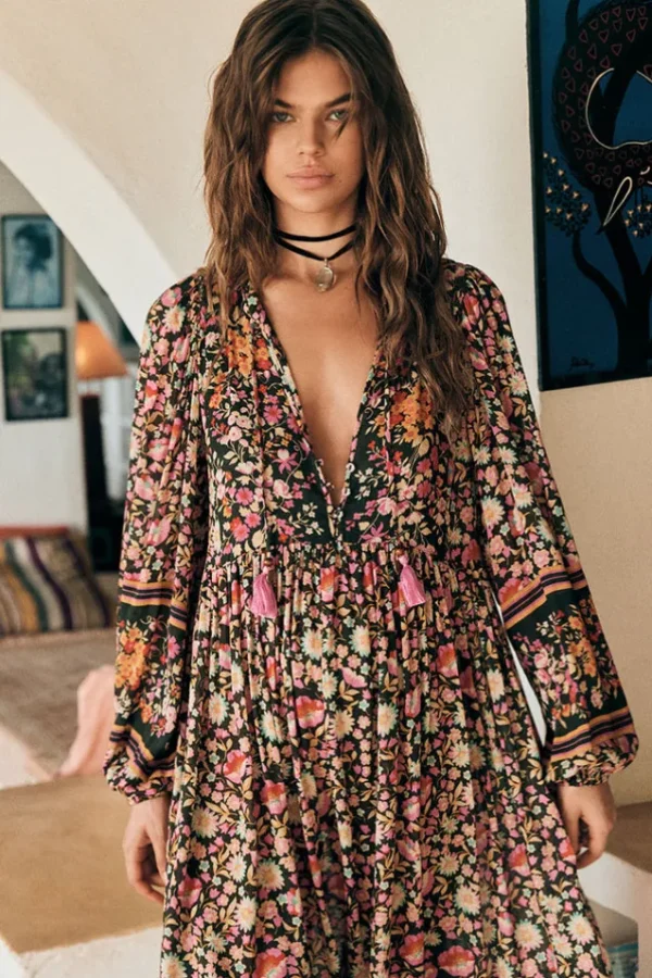 Night Blossom Impala Lily Boho Midi Dress Cheap