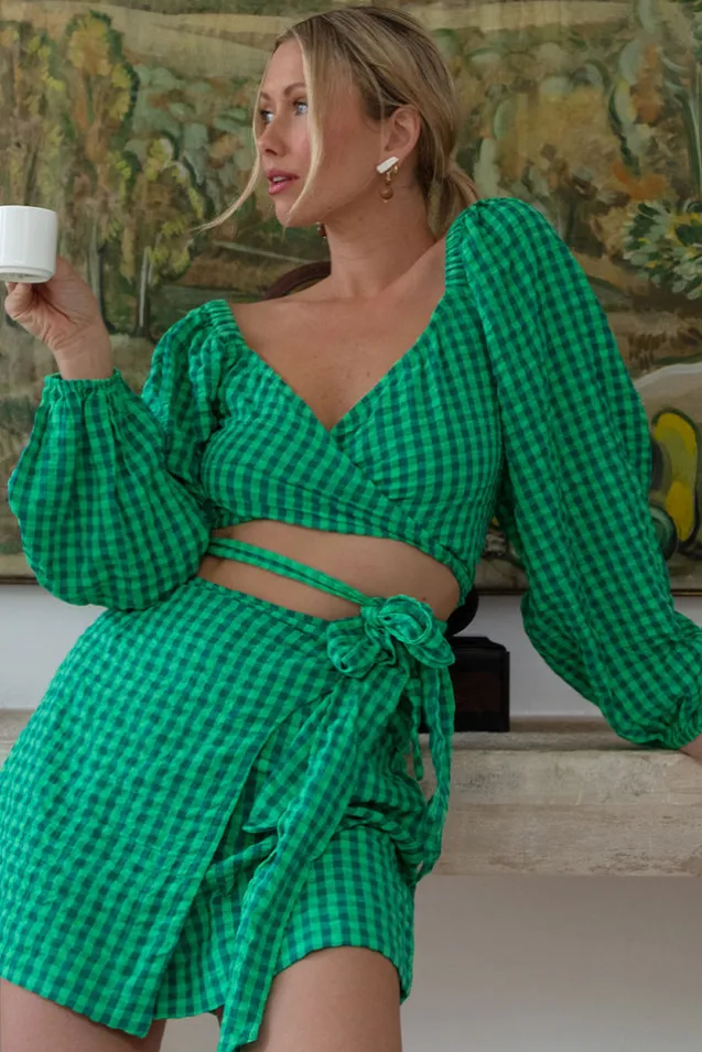 pixie_gingham_wrap_top_0.webp Grass Pixie Gingham Wrap Top Clearance