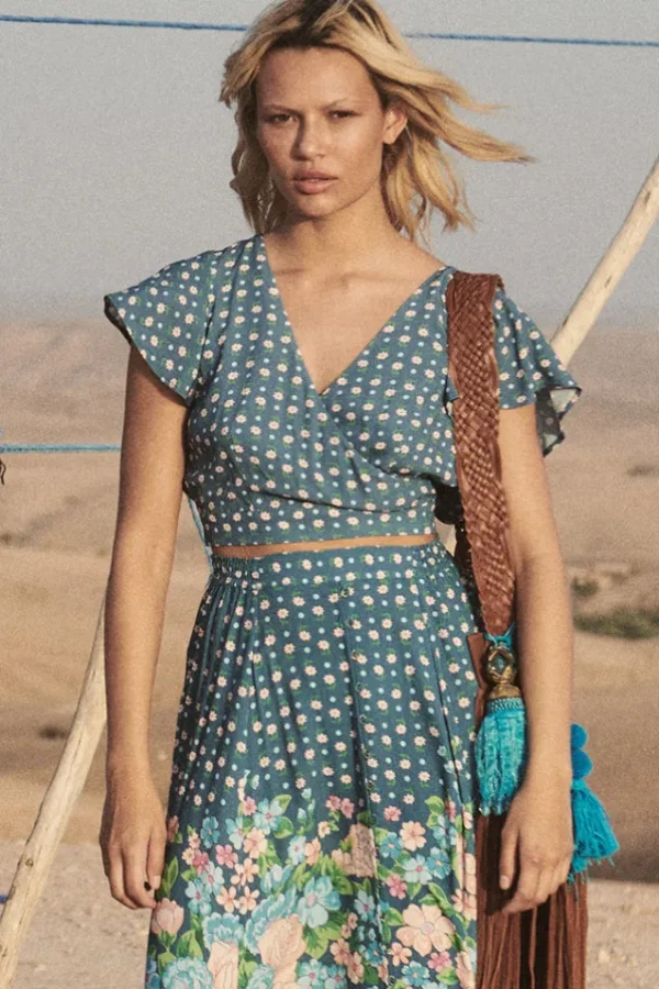 Cornflower Blue Yellow Rose Crop Top Flash Sale