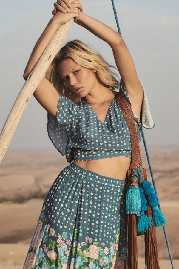 Cornflower Blue Yellow Rose Crop Top Flash Sale
