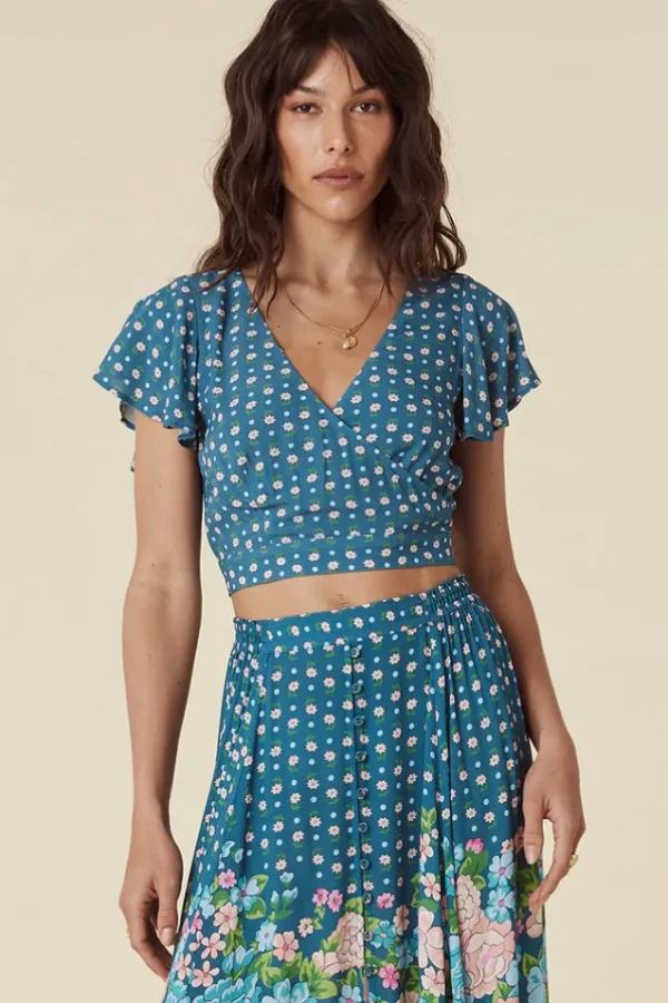 Cornflower Blue Yellow Rose Crop Top Flash Sale