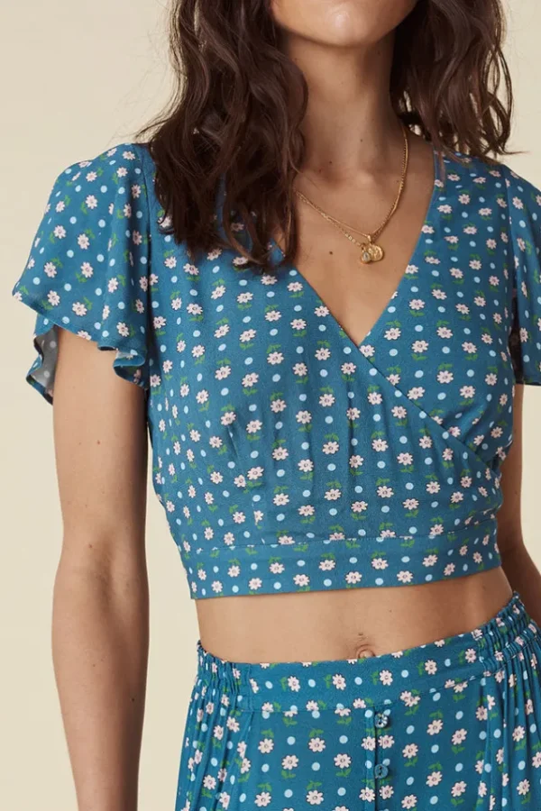 Cornflower Blue Yellow Rose Crop Top Flash Sale